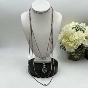 Goldette Signed Vintage Silver Tone Glass Intaglio Cameo Layered Chain
Necklace